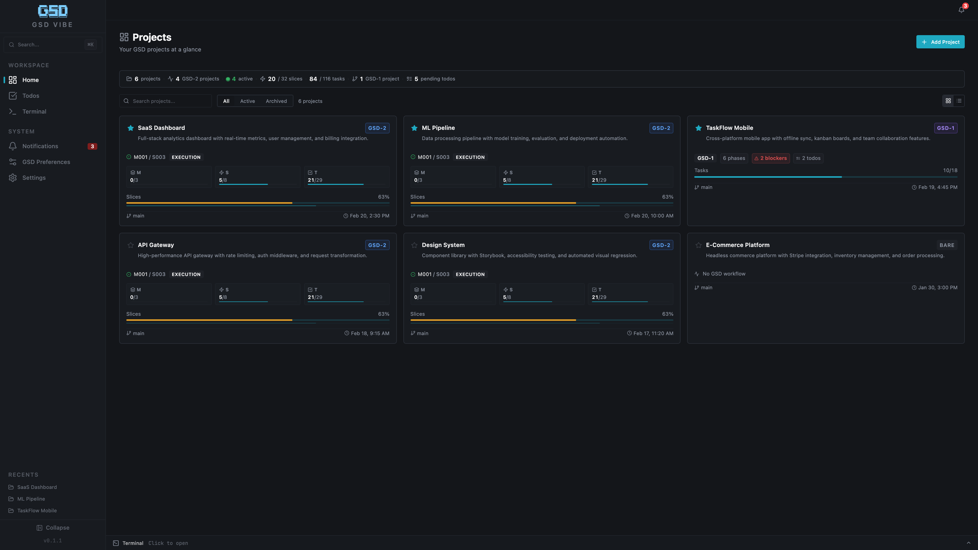 GSD Vibe - Dashboard showing project cards with progress bars, GSD status, and activity overview