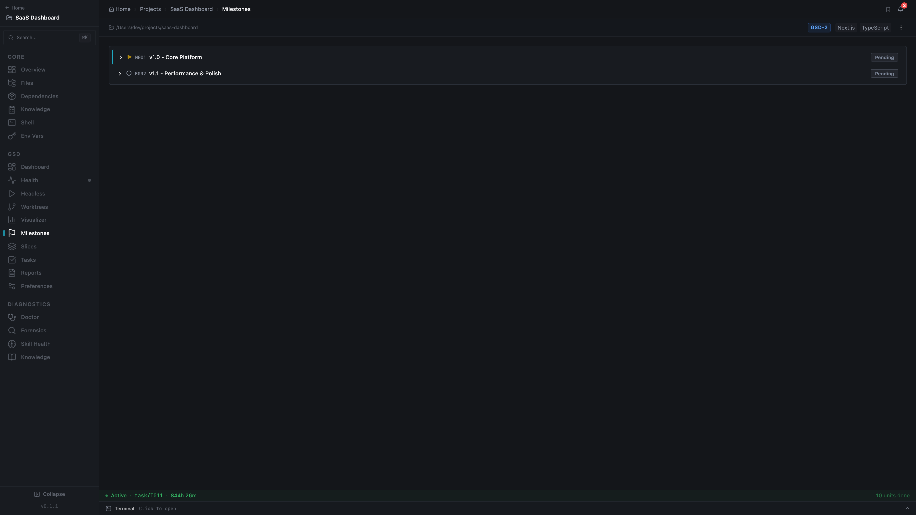 GSD-2 Milestones with expandable hierarchy showing slices and tasks