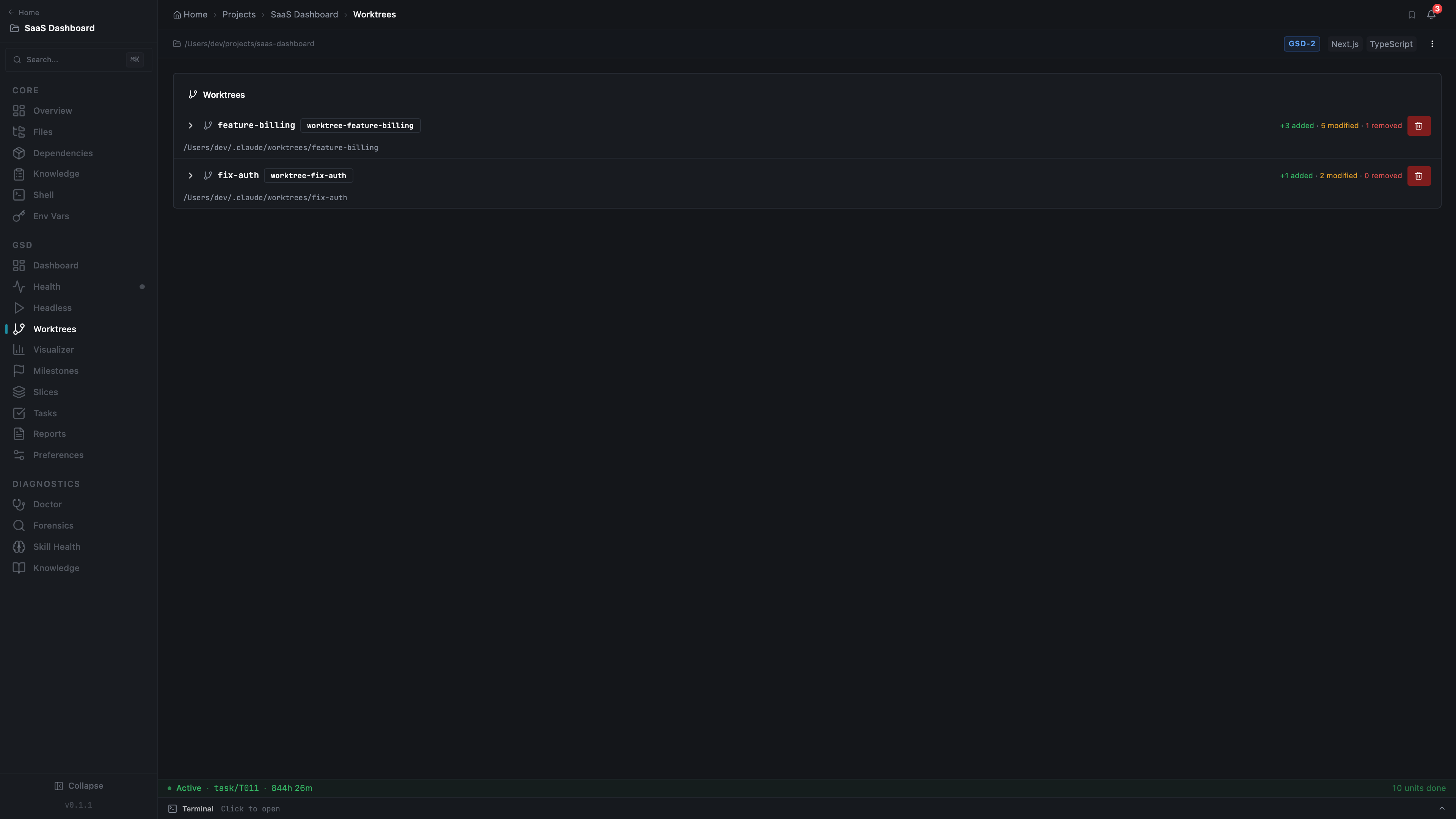 GSD-2 Worktrees panel with active worktrees and file change counts