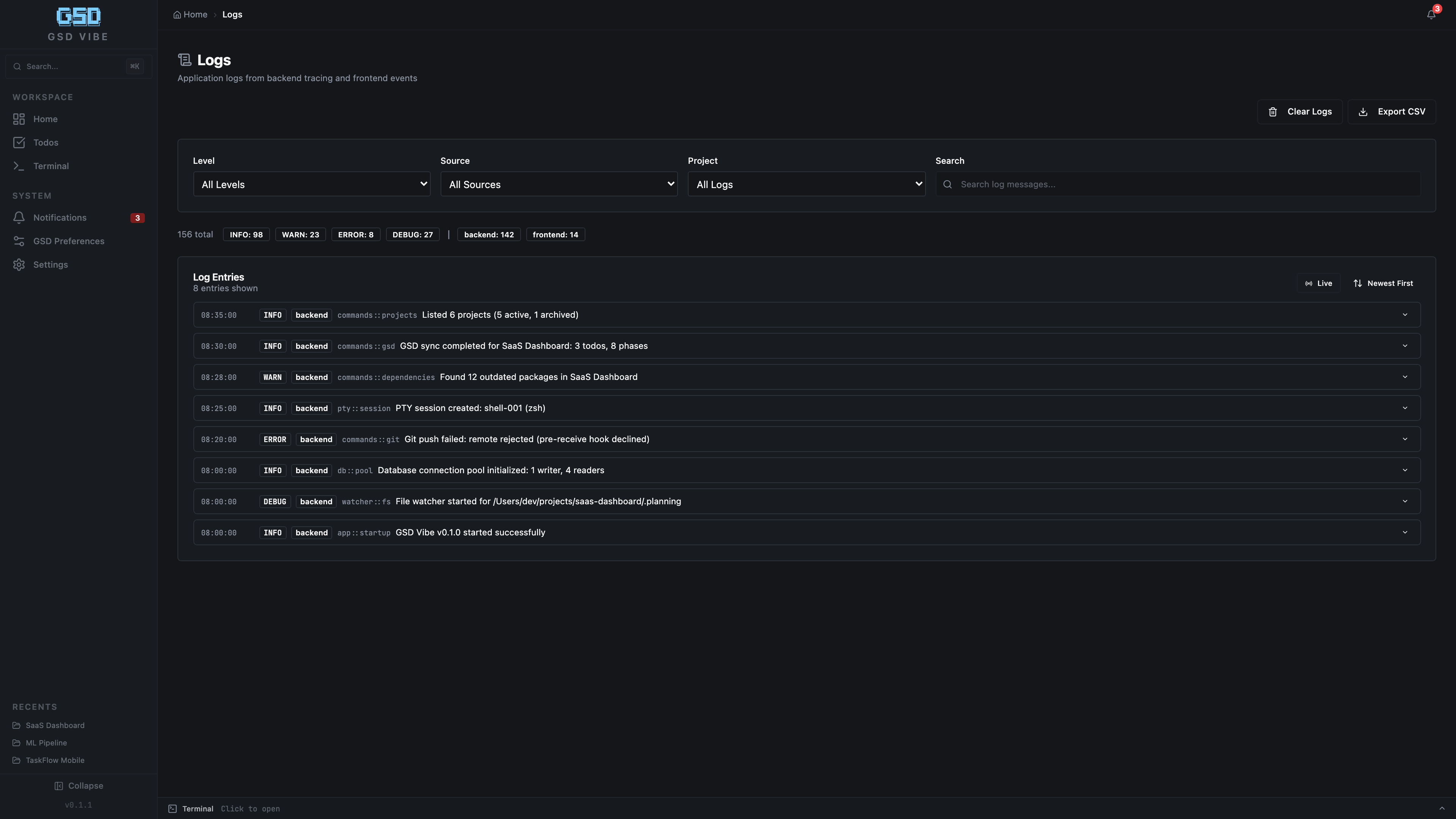 Application logs with level filtering, source filtering, and search