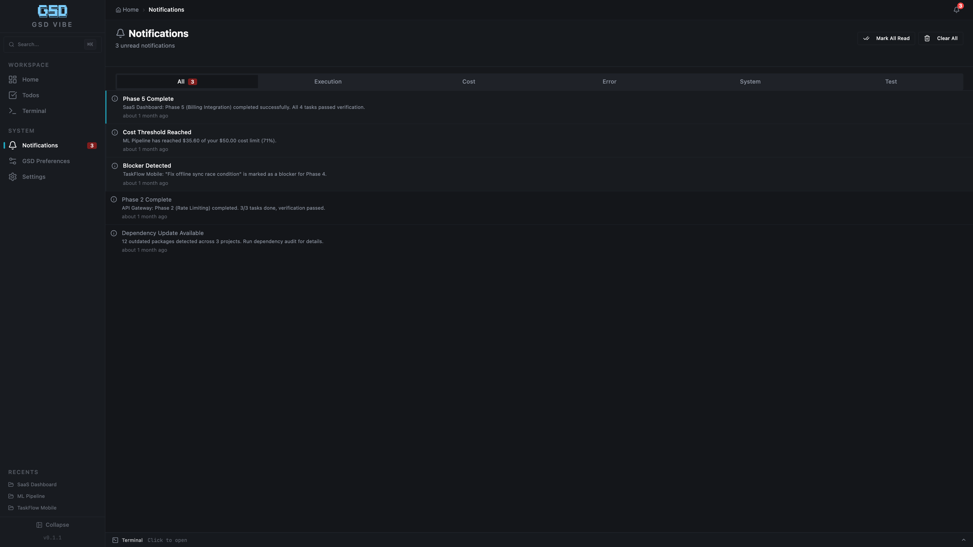 Notification center with phase completions, cost warnings, and blocker alerts