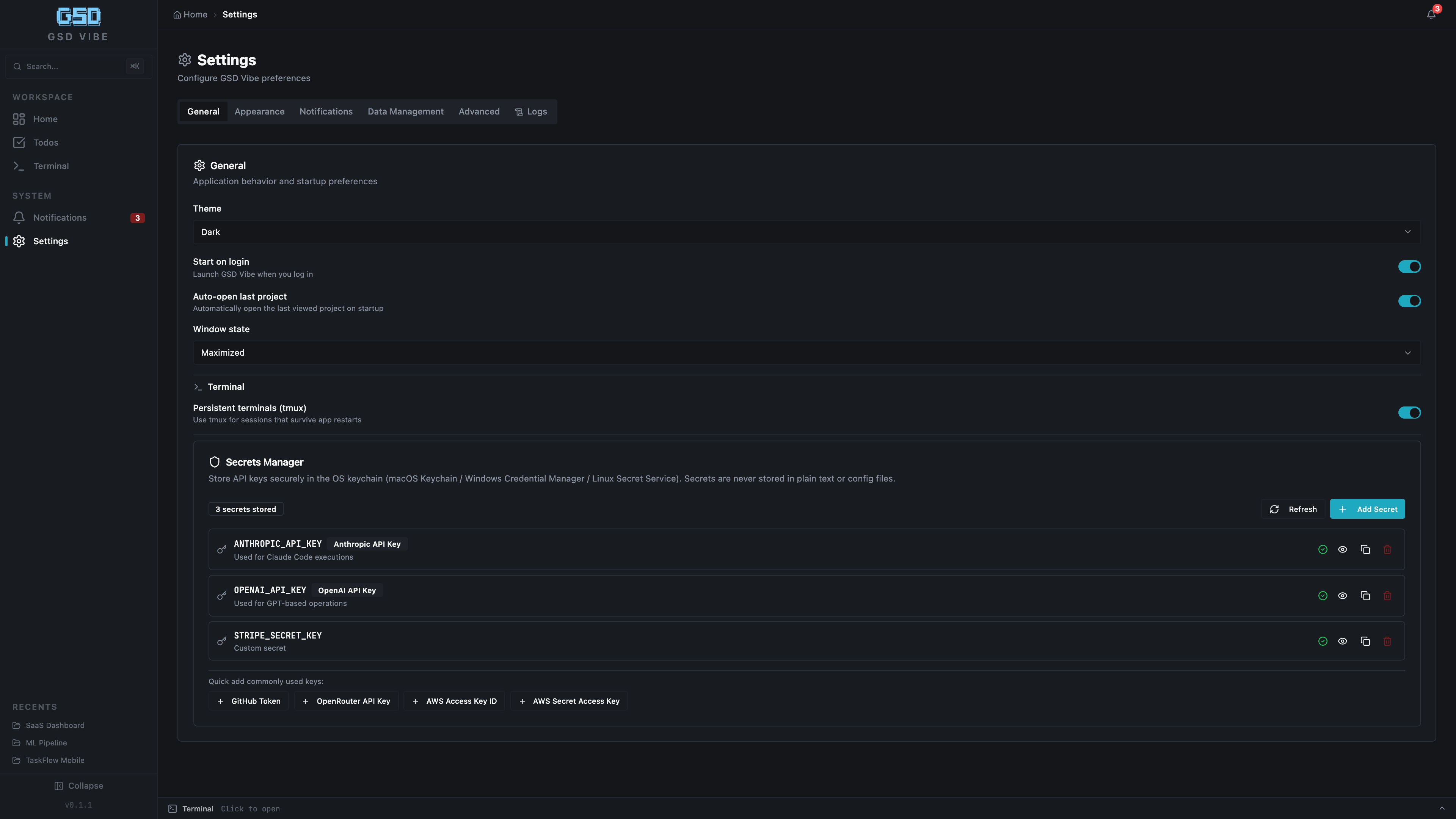 Settings page with theme, secrets manager, and app configuration